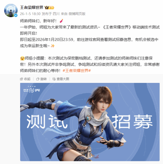 终于要来了！《王者荣耀·世界》移动端测试即将开启 